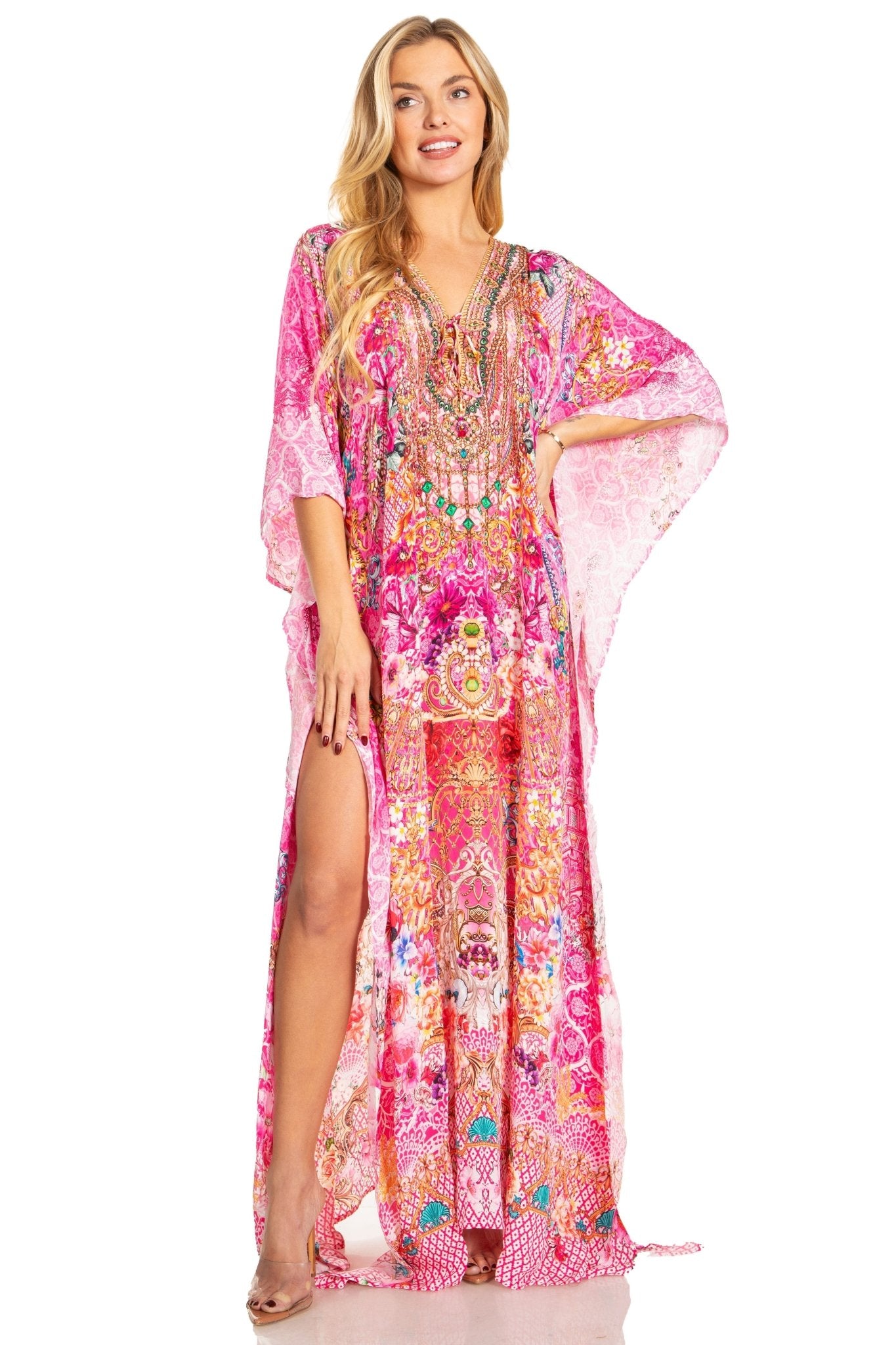 Sakkas Georgettina 2025 Flowy Rhinestone V Neck Long Caftan Dress / Cover Up dresses La Vie Bien Sakkas Georgettina 2025 Flowy Rhinestone V Neck Long Caftan Dress / Cover Up
