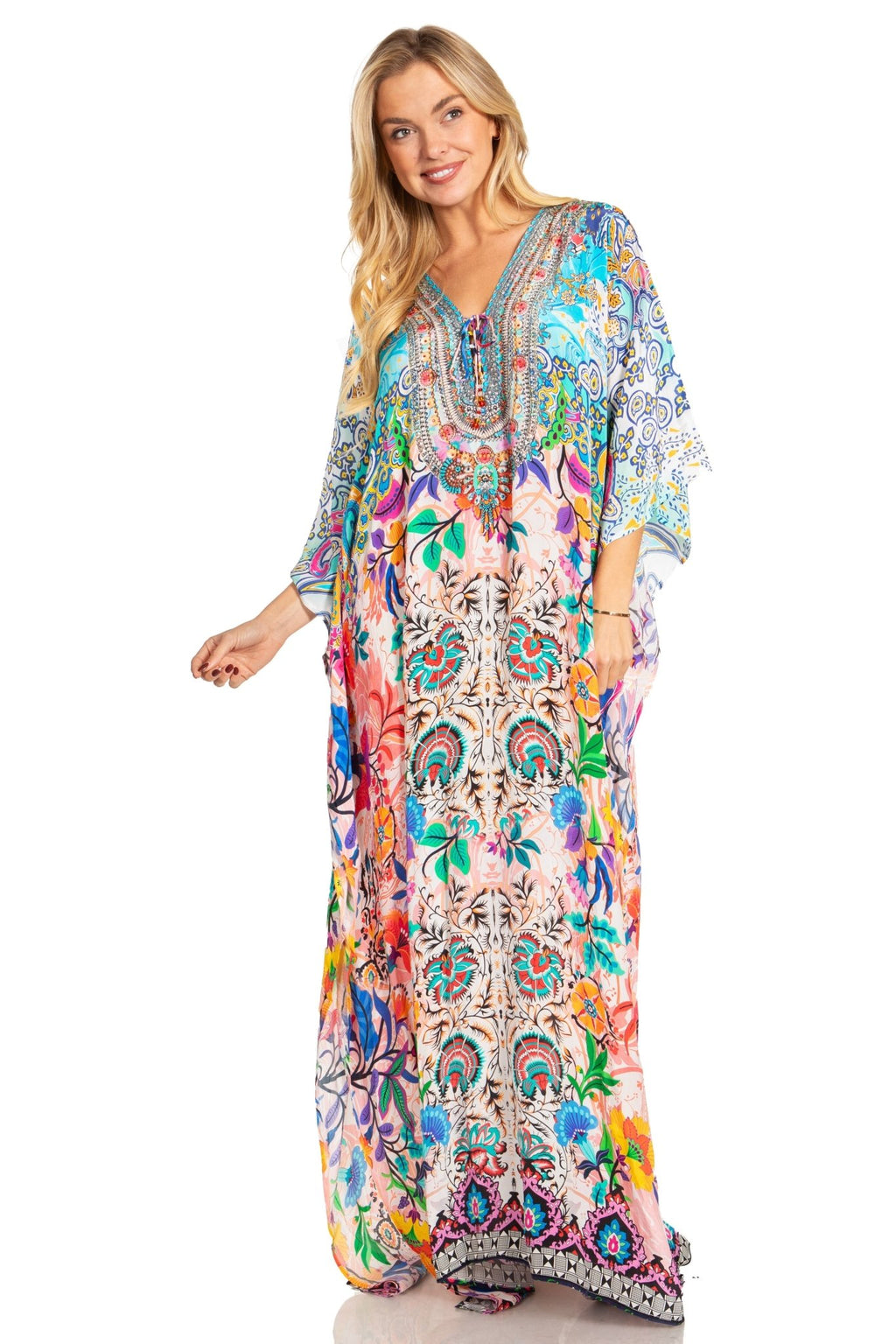 Sakkas Georgettina 2025 Flowy Rhinestone V Neck Long Caftan Dress / Cover Up dresses La Vie Bien Sakkas Georgettina 2025 Flowy Rhinestone V Neck Long Caftan Dress / Cover Up