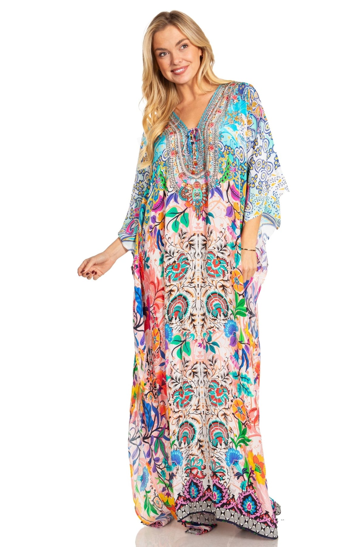 Sakkas Georgettina 2025 Flowy Rhinestone V Neck Long Caftan Dress / Cover Up dresses La Vie Bien Sakkas Georgettina 2025 Flowy Rhinestone V Neck Long Caftan Dress / Cover Up