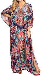 Sakkas Georgettina 2025 Flowy Rhinestone V Neck Long Caftan Dress / Cover Up dresses La Vie Bien Sakkas Georgettina 2025 Flowy Rhinestone V Neck Long Caftan Dress / Cover Up