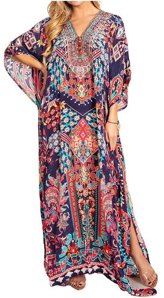 Sakkas Georgettina 2025 Flowy Rhinestone V Neck Long Caftan Dress / Cover Up dresses La Vie Bien Sakkas Georgettina 2025 Flowy Rhinestone V Neck Long Caftan Dress / Cover Up