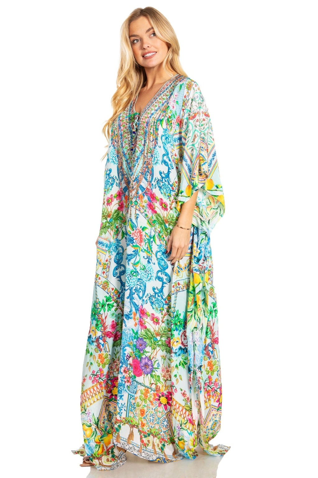 Sakkas Georgettina 2025 Flowy Rhinestone V Neck Long Caftan Dress / Cover Up dresses La Vie Bien Sakkas Georgettina 2025 Flowy Rhinestone V Neck Long Caftan Dress / Cover Up