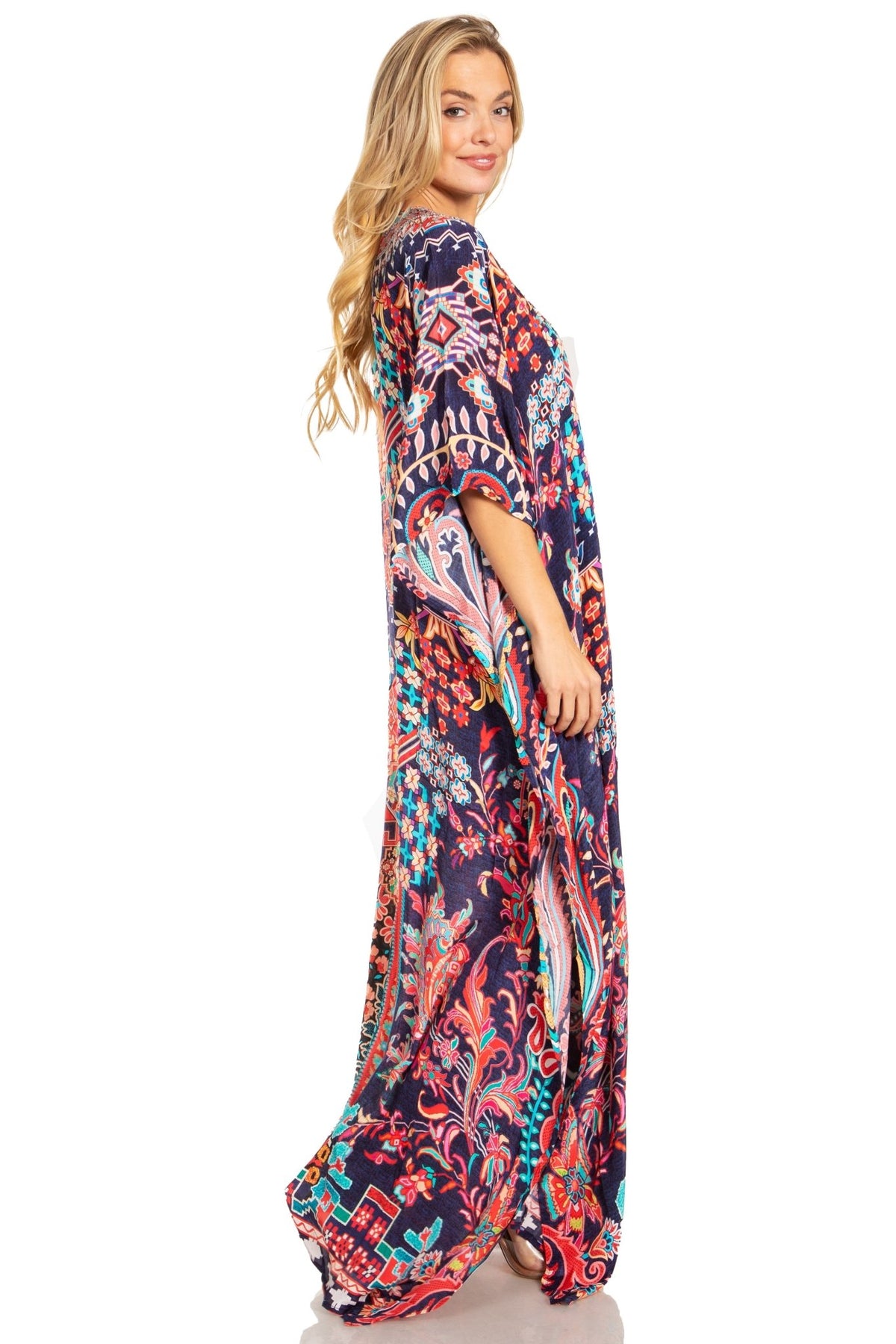 Sakkas Georgettina 2025 Flowy Rhinestone V Neck Long Caftan Dress / Cover Up dresses La Vie Bien Sakkas Georgettina 2025 Flowy Rhinestone V Neck Long Caftan Dress / Cover Up
