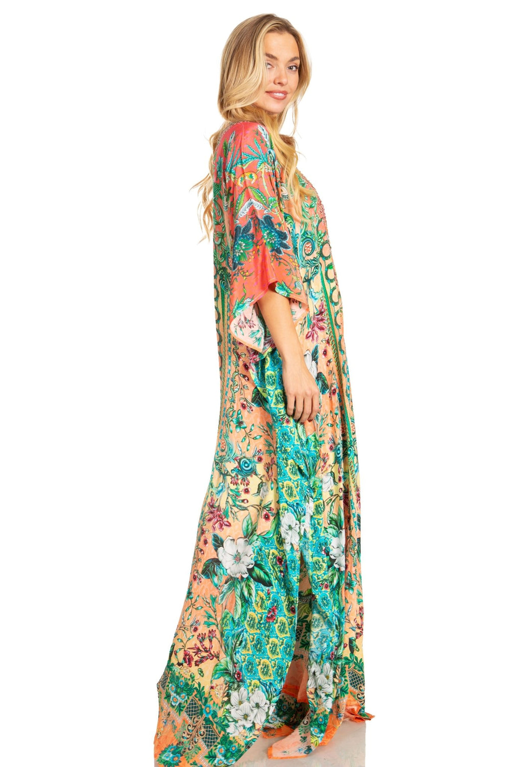 Sakkas Georgettina 2025 Flowy Rhinestone V Neck Long Caftan Dress / Cover Up dresses La Vie Bien Sakkas Georgettina 2025 Flowy Rhinestone V Neck Long Caftan Dress / Cover Up