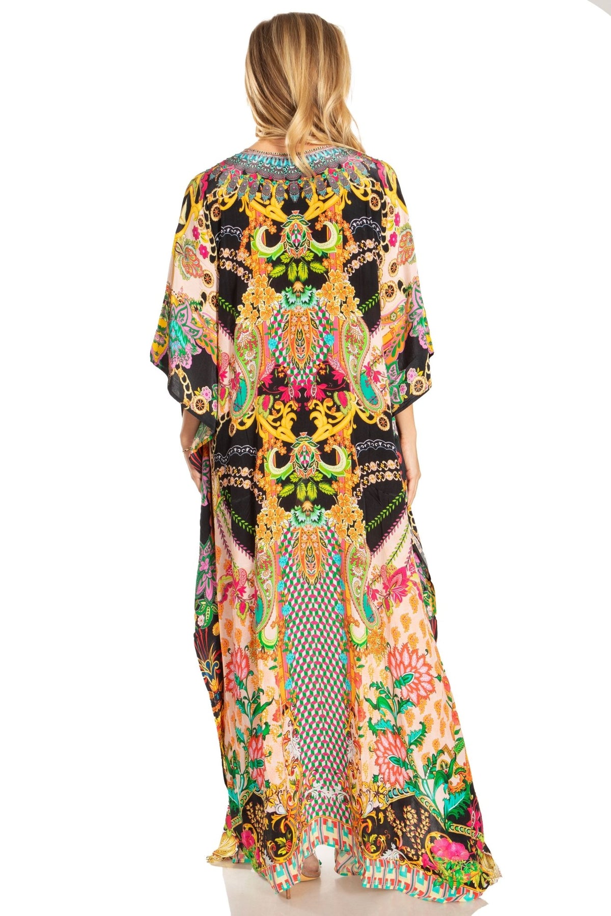Sakkas Georgettina 2025 Flowy Rhinestone V Neck Long Caftan Dress / Cover Up dresses La Vie Bien Sakkas Georgettina 2025 Flowy Rhinestone V Neck Long Caftan Dress / Cover Up