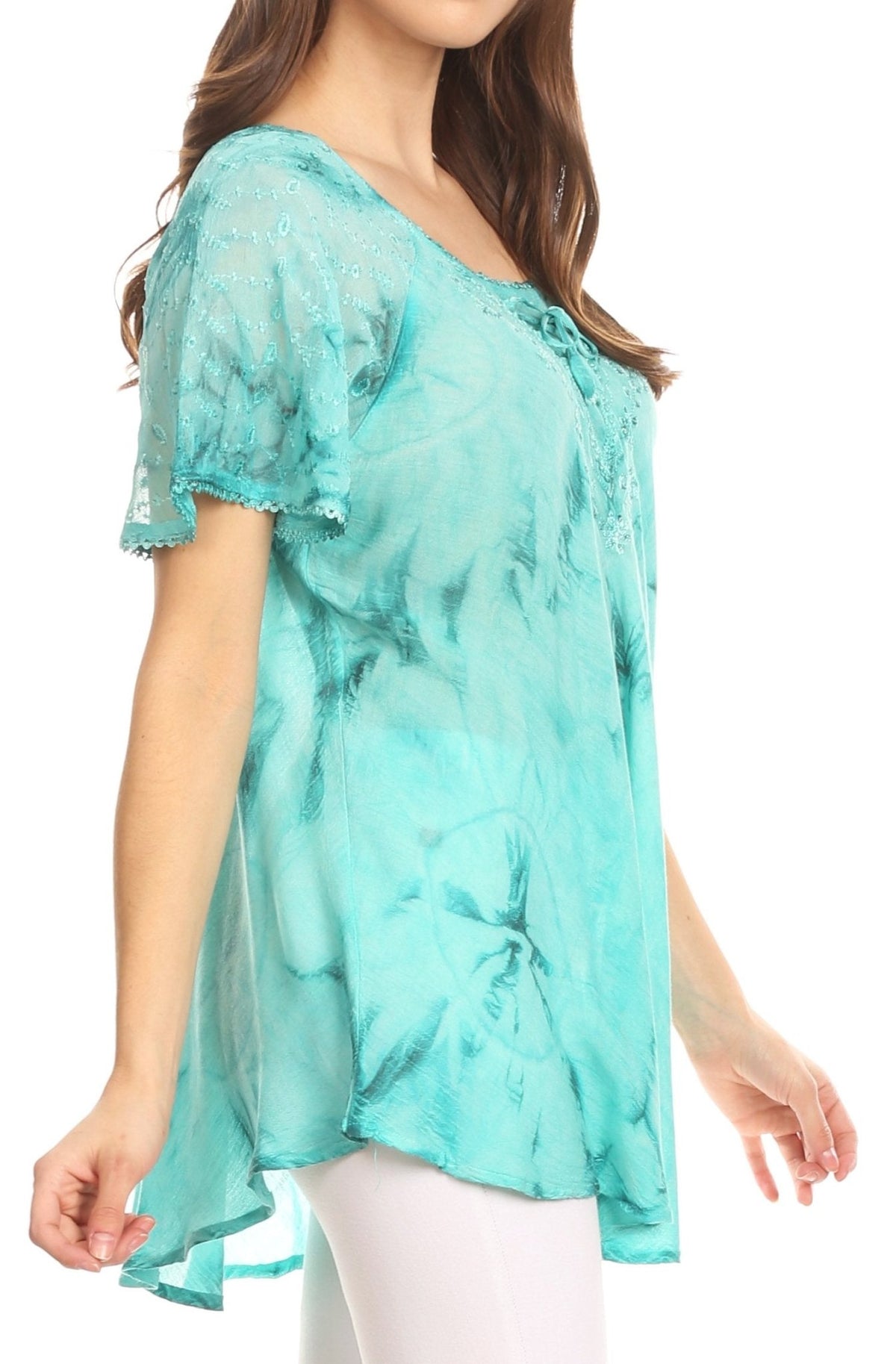 Sakkas Hana Tie Dye Relaxed Fit Embroidery Cap Sleeves Peasant Batik Blouse / Top tops La Vie Bien Sakkas Hana Tie Dye Relaxed Fit Embroidery Cap Sleeves Peasant Batik Blouse / Top