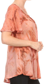 Sakkas Hana Tie Dye Relaxed Fit Embroidery Cap Sleeves Peasant Batik Blouse / Top tops La Vie Bien Sakkas Hana Tie Dye Relaxed Fit Embroidery Cap Sleeves Peasant Batik Blouse / Top