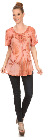 Sakkas Hana Tie Dye Relaxed Fit Embroidery Cap Sleeves Peasant Batik Blouse / Top tops La Vie Bien Sakkas Hana Tie Dye Relaxed Fit Embroidery Cap Sleeves Peasant Batik Blouse / Top