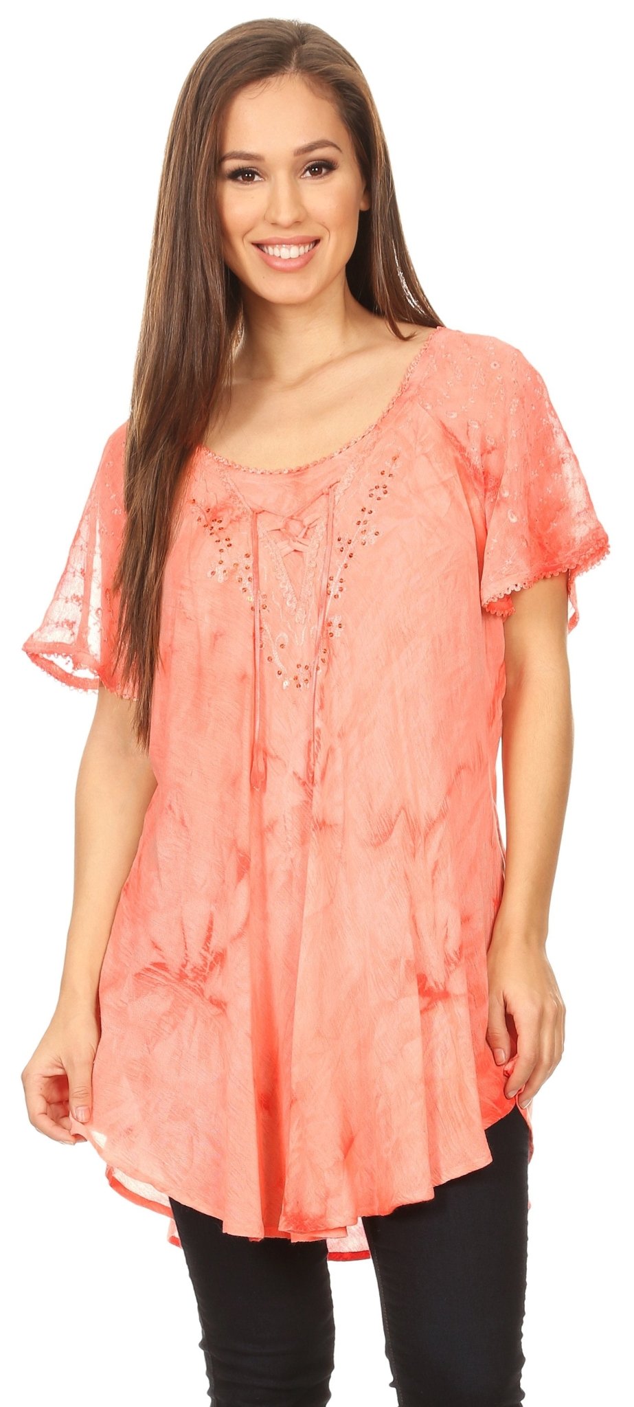 Sakkas Hana Tie Dye Relaxed Fit Embroidery Cap Sleeves Peasant Batik Blouse / Top tops La Vie Bien Sakkas Hana Tie Dye Relaxed Fit Embroidery Cap Sleeves Peasant Batik Blouse / Top