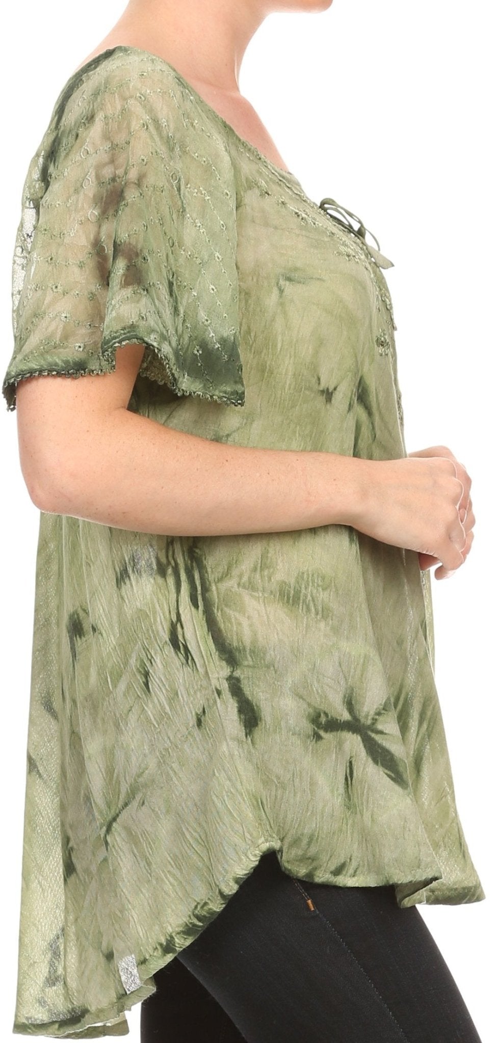 Sakkas Hana Tie Dye Relaxed Fit Embroidery Cap Sleeves Peasant Batik Blouse / Top tops La Vie Bien Sakkas Hana Tie Dye Relaxed Fit Embroidery Cap Sleeves Peasant Batik Blouse / Top