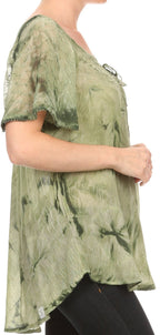 Sakkas Hana Tie Dye Relaxed Fit Embroidery Cap Sleeves Peasant Batik Blouse / Top tops La Vie Bien Sakkas Hana Tie Dye Relaxed Fit Embroidery Cap Sleeves Peasant Batik Blouse / Top