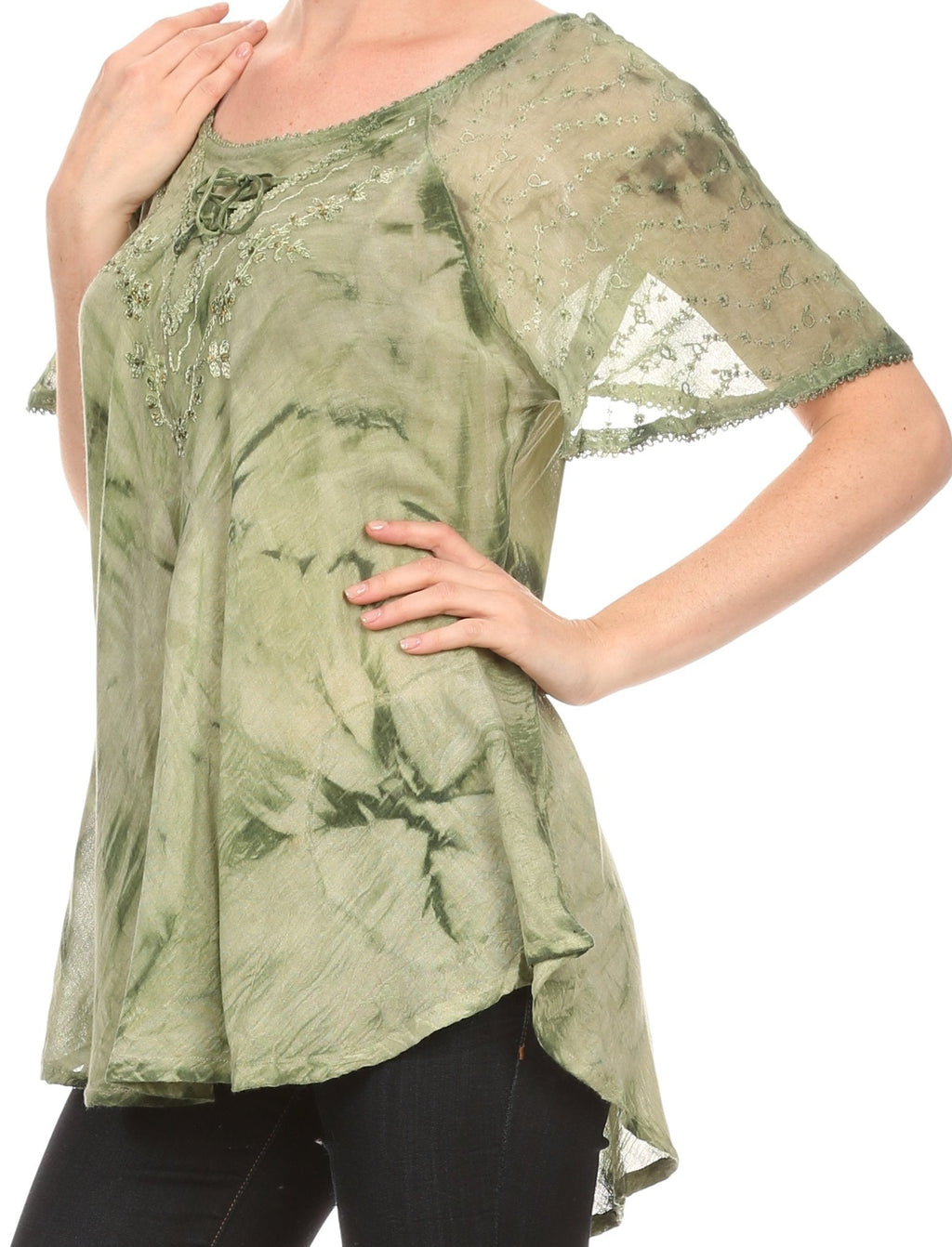 Sakkas Hana Tie Dye Relaxed Fit Embroidery Cap Sleeves Peasant Batik Blouse / Top tops La Vie Bien Sakkas Hana Tie Dye Relaxed Fit Embroidery Cap Sleeves Peasant Batik Blouse / Top