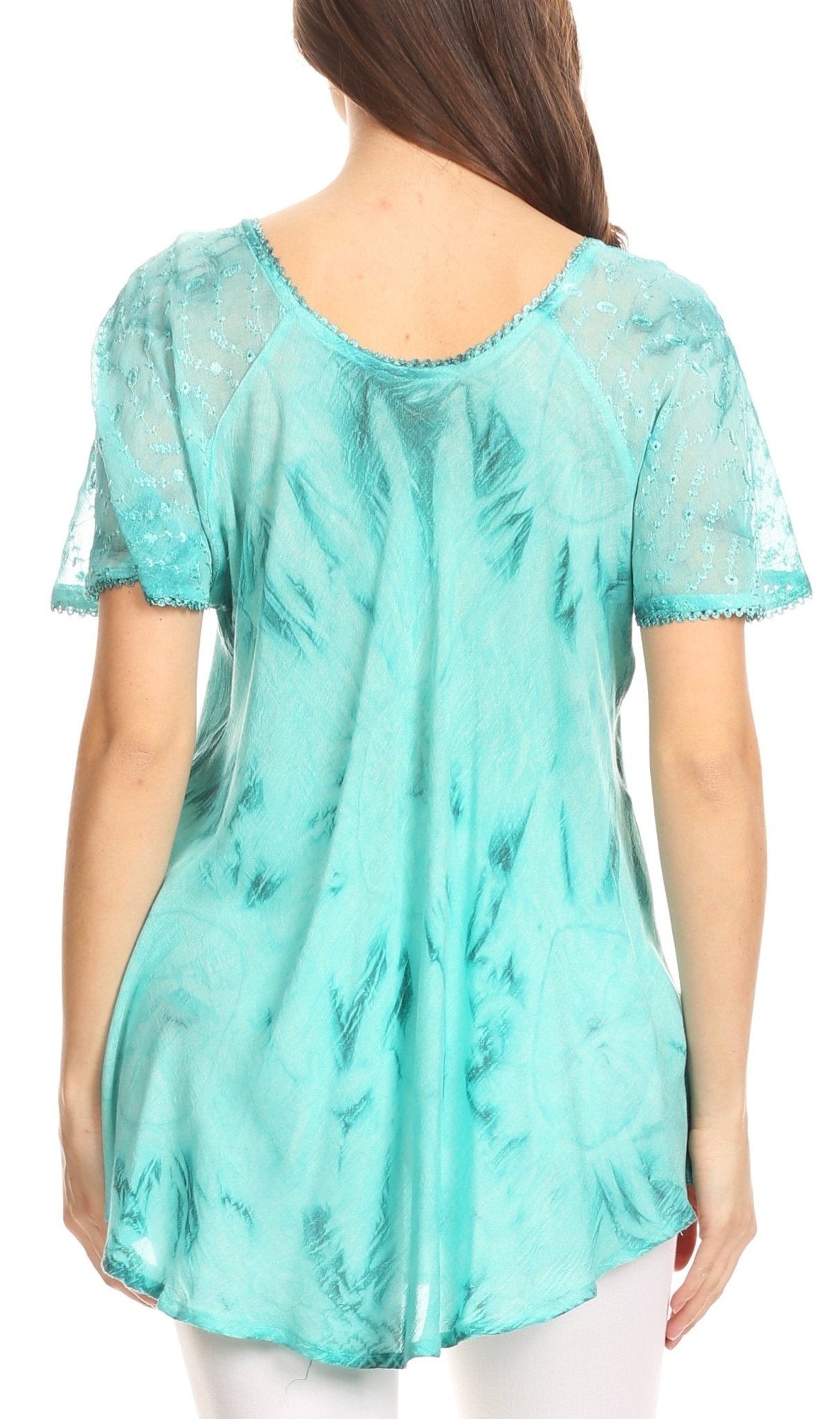 Sakkas Hana Tie Dye Relaxed Fit Embroidery Cap Sleeves Peasant Batik Blouse / Top tops La Vie Bien Sakkas Hana Tie Dye Relaxed Fit Embroidery Cap Sleeves Peasant Batik Blouse / Top