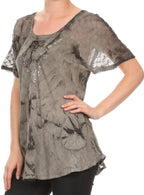 Sakkas Hana Tie Dye Relaxed Fit Embroidery Cap Sleeves Peasant Batik Blouse / Top tops La Vie Bien Sakkas Hana Tie Dye Relaxed Fit Embroidery Cap Sleeves Peasant Batik Blouse / Top