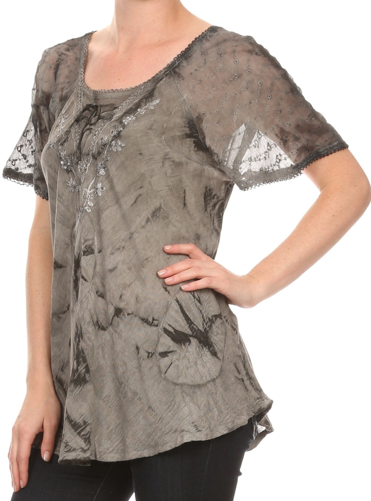 Sakkas Hana Tie Dye Relaxed Fit Embroidery Cap Sleeves Peasant Batik Blouse / Top tops La Vie Bien Sakkas Hana Tie Dye Relaxed Fit Embroidery Cap Sleeves Peasant Batik Blouse / Top