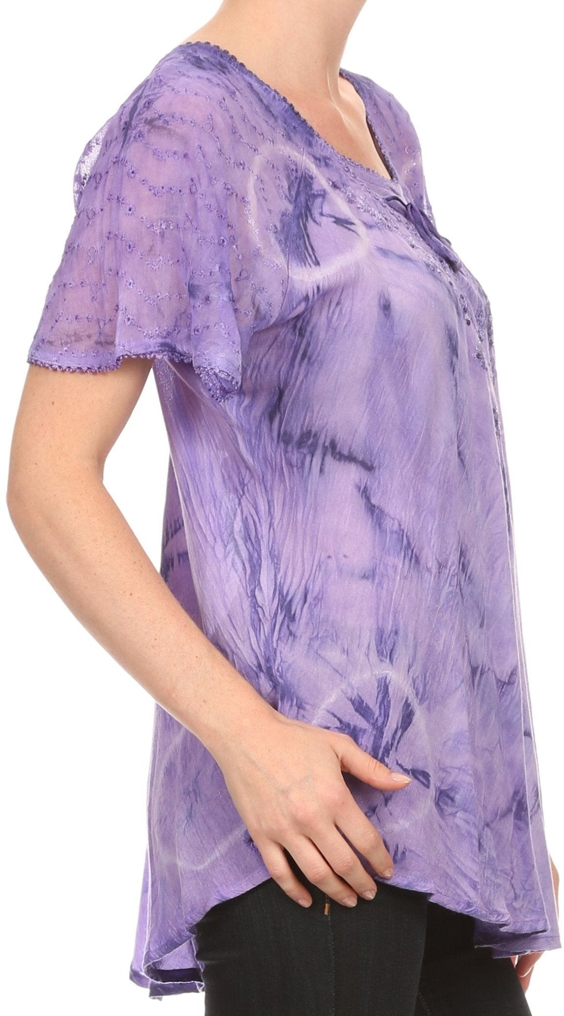 Sakkas Hana Tie Dye Relaxed Fit Embroidery Cap Sleeves Peasant Batik Blouse / Top tops La Vie Bien Sakkas Hana Tie Dye Relaxed Fit Embroidery Cap Sleeves Peasant Batik Blouse / Top