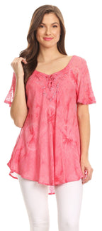 Sakkas Hana Tie Dye Relaxed Fit Embroidery Cap Sleeves Peasant Batik Blouse / Top tops La Vie Bien Sakkas Hana Tie Dye Relaxed Fit Embroidery Cap Sleeves Peasant Batik Blouse / Top