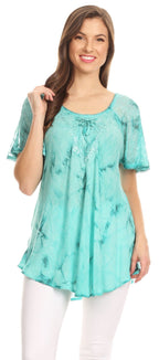 Sakkas Hana Tie Dye Relaxed Fit Embroidery Cap Sleeves Peasant Batik Blouse / Top tops La Vie Bien Sakkas Hana Tie Dye Relaxed Fit Embroidery Cap Sleeves Peasant Batik Blouse / Top