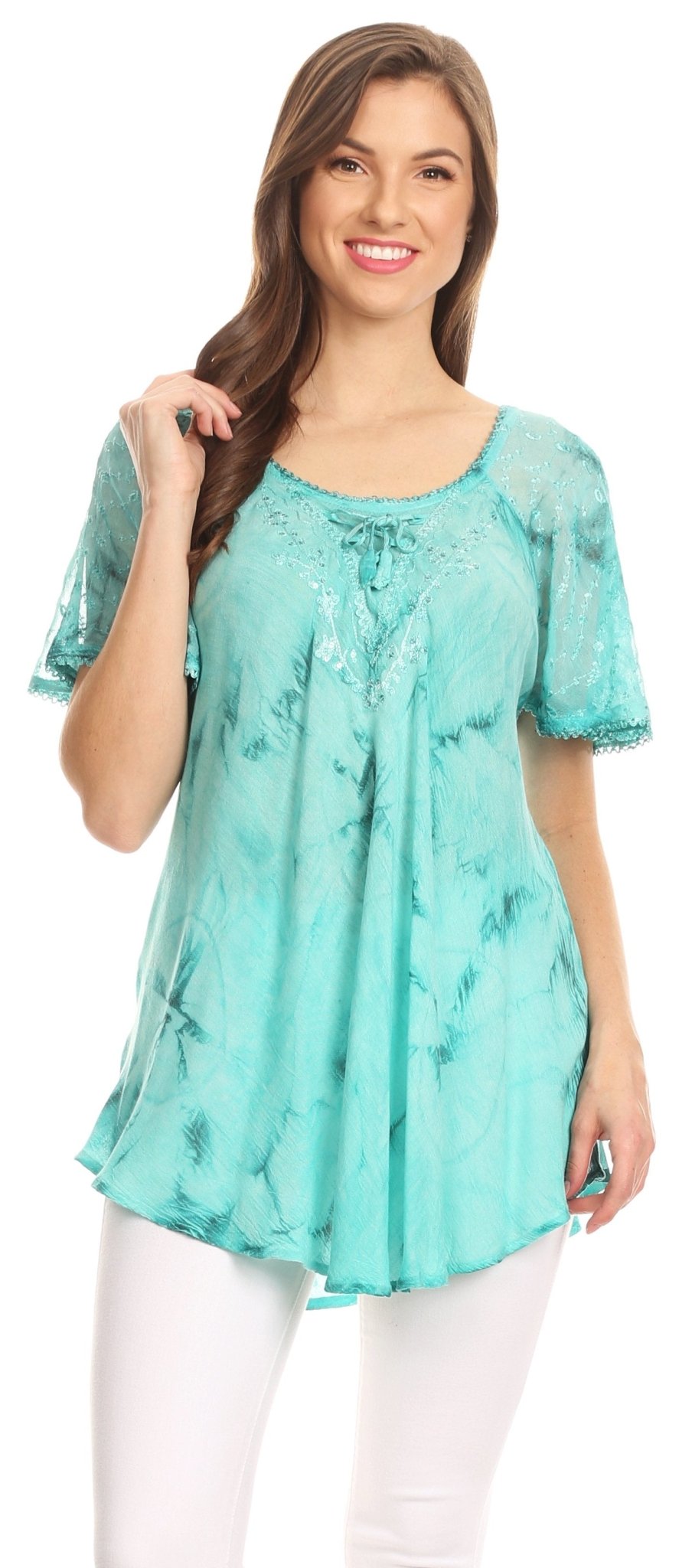 Sakkas Hana Tie Dye Relaxed Fit Embroidery Cap Sleeves Peasant Batik Blouse / Top tops La Vie Bien Sakkas Hana Tie Dye Relaxed Fit Embroidery Cap Sleeves Peasant Batik Blouse / Top