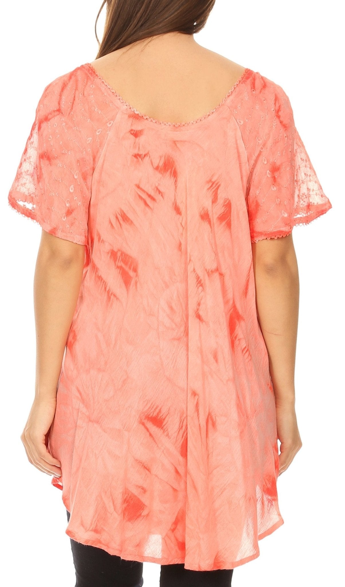 Sakkas Hana Tie Dye Relaxed Fit Embroidery Cap Sleeves Peasant Batik Blouse / Top tops La Vie Bien Sakkas Hana Tie Dye Relaxed Fit Embroidery Cap Sleeves Peasant Batik Blouse / Top