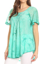 Sakkas Hana Tie Dye Relaxed Fit Embroidery Cap Sleeves Peasant Batik Blouse / Top tops La Vie Bien Sakkas Hana Tie Dye Relaxed Fit Embroidery Cap Sleeves Peasant Batik Blouse / Top