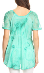 Sakkas Hana Tie Dye Relaxed Fit Embroidery Cap Sleeves Peasant Batik Blouse / Top tops La Vie Bien Sakkas Hana Tie Dye Relaxed Fit Embroidery Cap Sleeves Peasant Batik Blouse / Top