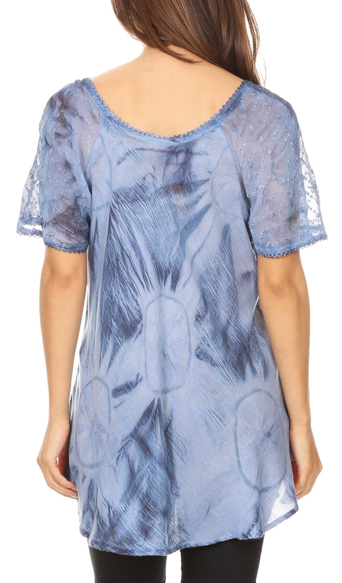 Sakkas Hana Tie Dye Relaxed Fit Embroidery Cap Sleeves Peasant Batik Blouse / Top tops La Vie Bien Sakkas Hana Tie Dye Relaxed Fit Embroidery Cap Sleeves Peasant Batik Blouse / Top