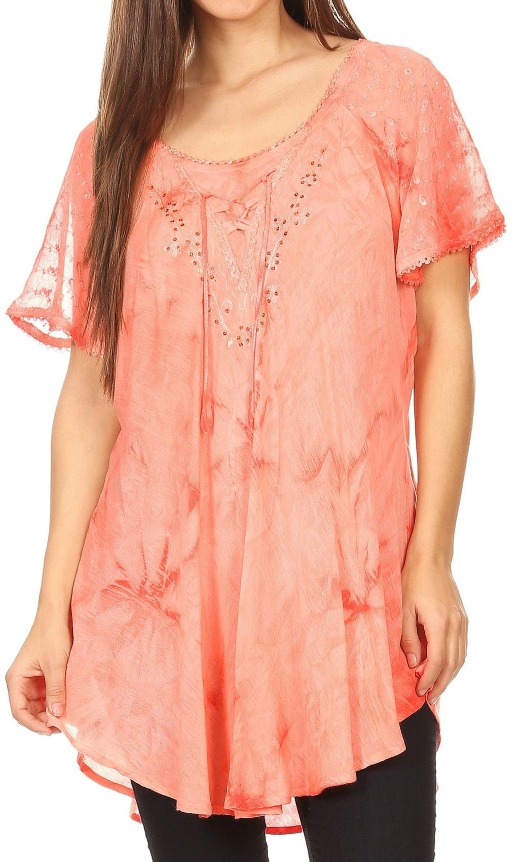 Sakkas Hana Tie Dye Relaxed Fit Embroidery Cap Sleeves Peasant Batik Blouse / Top tops La Vie Bien Sakkas Hana Tie Dye Relaxed Fit Embroidery Cap Sleeves Peasant Batik Blouse / Top
