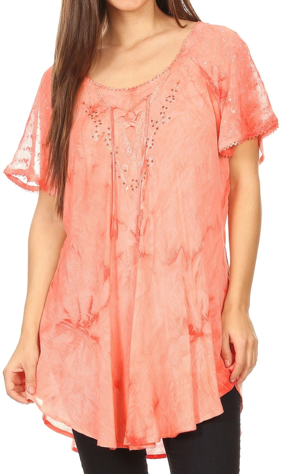 Sakkas Hana Tie Dye Relaxed Fit Embroidery Cap Sleeves Peasant Batik Blouse / Top tops La Vie Bien Sakkas Hana Tie Dye Relaxed Fit Embroidery Cap Sleeves Peasant Batik Blouse / Top