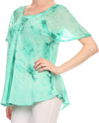 Sakkas Hana Tie Dye Relaxed Fit Embroidery Cap Sleeves Peasant Batik Blouse / Top tops La Vie Bien Sakkas Hana Tie Dye Relaxed Fit Embroidery Cap Sleeves Peasant Batik Blouse / Top