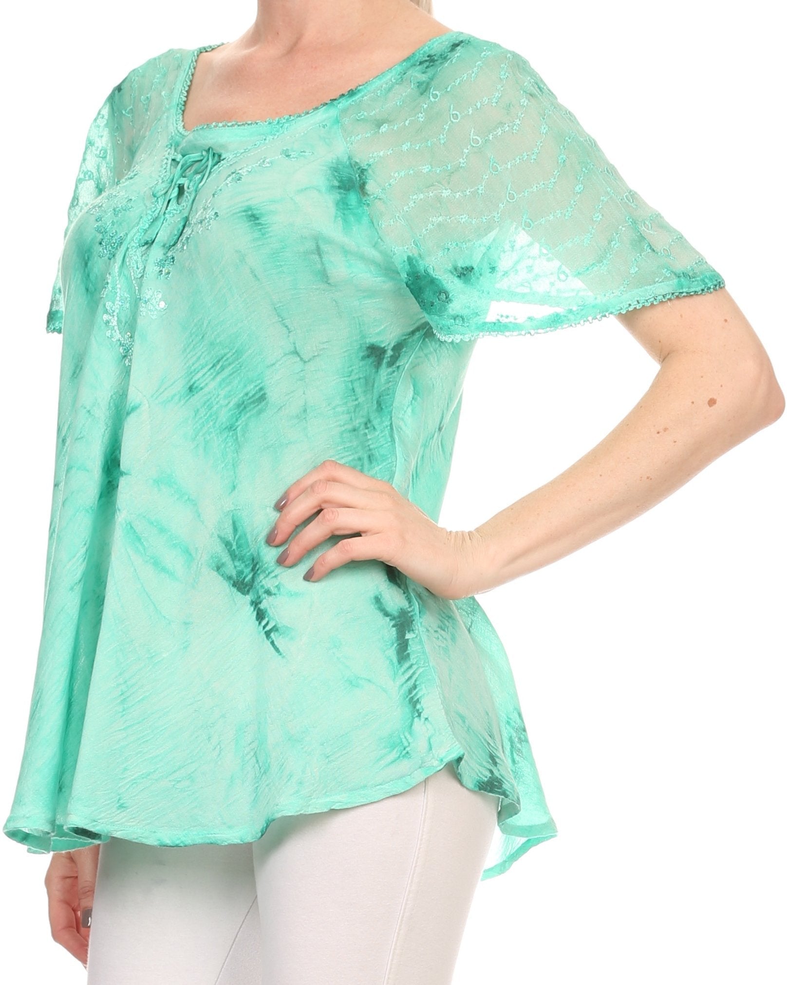 Sakkas Hana Tie Dye Relaxed Fit Embroidery Cap Sleeves Peasant Batik Blouse / Top tops La Vie Bien Sakkas Hana Tie Dye Relaxed Fit Embroidery Cap Sleeves Peasant Batik Blouse / Top