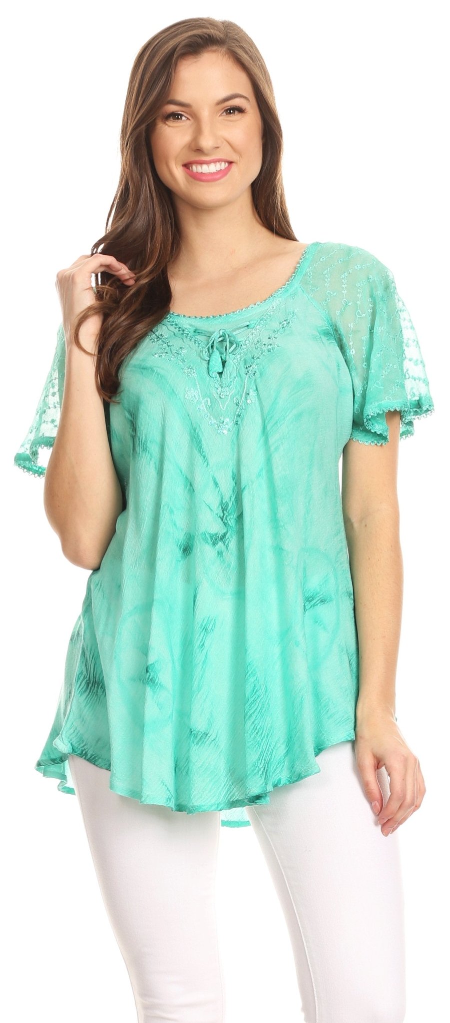 Sakkas Hana Tie Dye Relaxed Fit Embroidery Cap Sleeves Peasant Batik Blouse / Top tops La Vie Bien Sakkas Hana Tie Dye Relaxed Fit Embroidery Cap Sleeves Peasant Batik Blouse / Top
