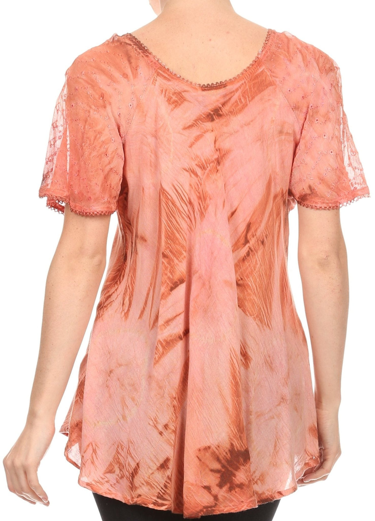 Sakkas Hana Tie Dye Relaxed Fit Embroidery Cap Sleeves Peasant Batik Blouse / Top tops La Vie Bien Sakkas Hana Tie Dye Relaxed Fit Embroidery Cap Sleeves Peasant Batik Blouse / Top