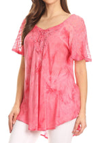 Sakkas Hana Tie Dye Relaxed Fit Embroidery Cap Sleeves Peasant Batik Blouse / Top tops La Vie Bien Sakkas Hana Tie Dye Relaxed Fit Embroidery Cap Sleeves Peasant Batik Blouse / Top