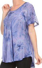 Sakkas Hana Tie Dye Relaxed Fit Embroidery Cap Sleeves Peasant Batik Blouse / Top tops La Vie Bien Sakkas Hana Tie Dye Relaxed Fit Embroidery Cap Sleeves Peasant Batik Blouse / Top