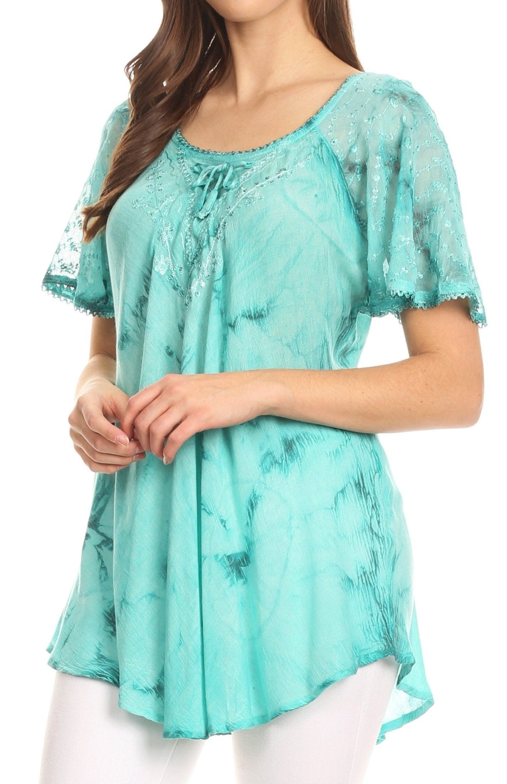 Sakkas Hana Tie Dye Relaxed Fit Embroidery Cap Sleeves Peasant Batik Blouse / Top tops La Vie Bien Sakkas Hana Tie Dye Relaxed Fit Embroidery Cap Sleeves Peasant Batik Blouse / Top