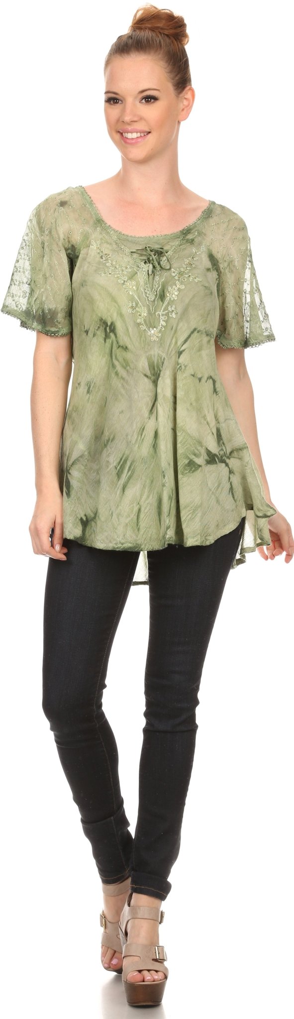Sakkas Hana Tie Dye Relaxed Fit Embroidery Cap Sleeves Peasant Batik Blouse / Top tops La Vie Bien Sakkas Hana Tie Dye Relaxed Fit Embroidery Cap Sleeves Peasant Batik Blouse / Top