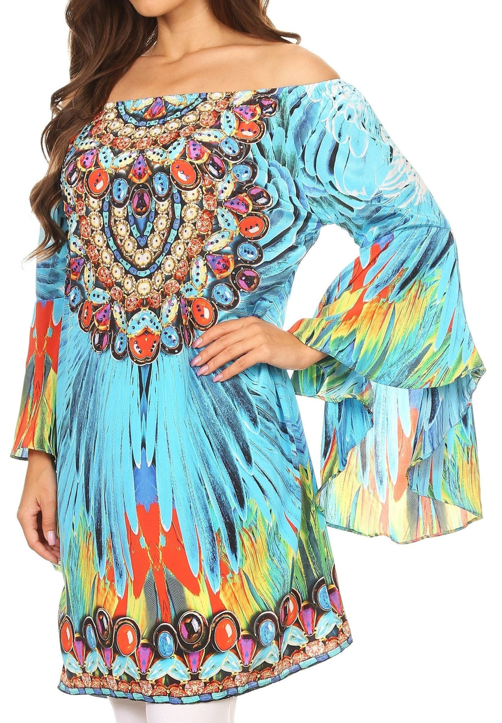 Sakkas Inna Colorful Shift Dress Tunic with Bell Ruffled Sleeves & Rhinestones dresses La Vie Bien Sakkas Inna Colorful Shift Dress Tunic with Bell Ruffled Sleeves & Rhinestones