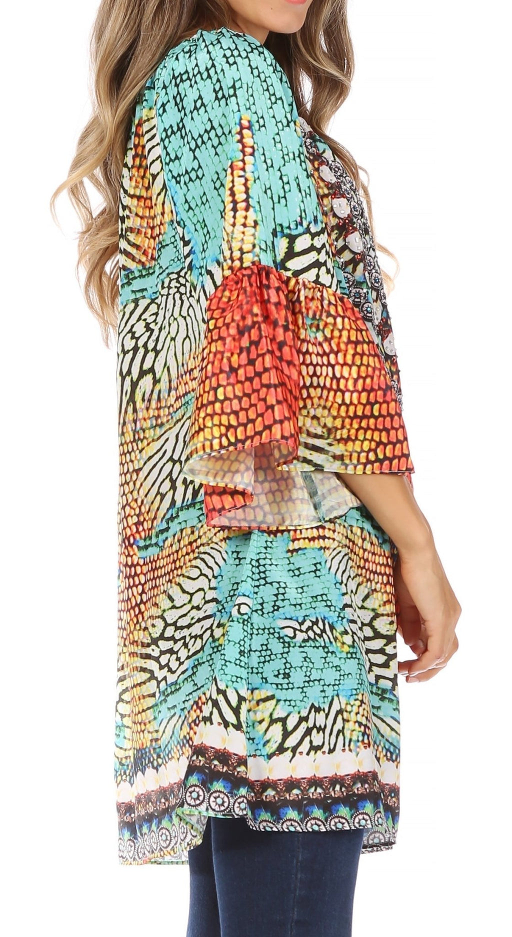 Sakkas Inna Colorful Shift Dress Tunic with Bell Ruffled Sleeves & Rhinestones dresses La Vie Bien Sakkas Inna Colorful Shift Dress Tunic with Bell Ruffled Sleeves & Rhinestones