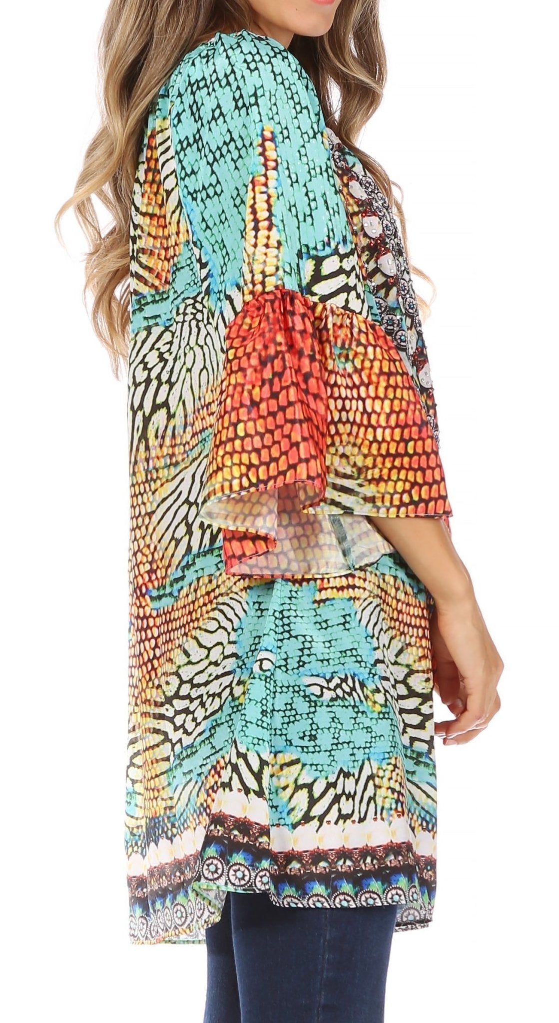 Sakkas Inna Colorful Shift Dress Tunic with Bell Ruffled Sleeves & Rhinestones dresses La Vie Bien Sakkas Inna Colorful Shift Dress Tunic with Bell Ruffled Sleeves & Rhinestones