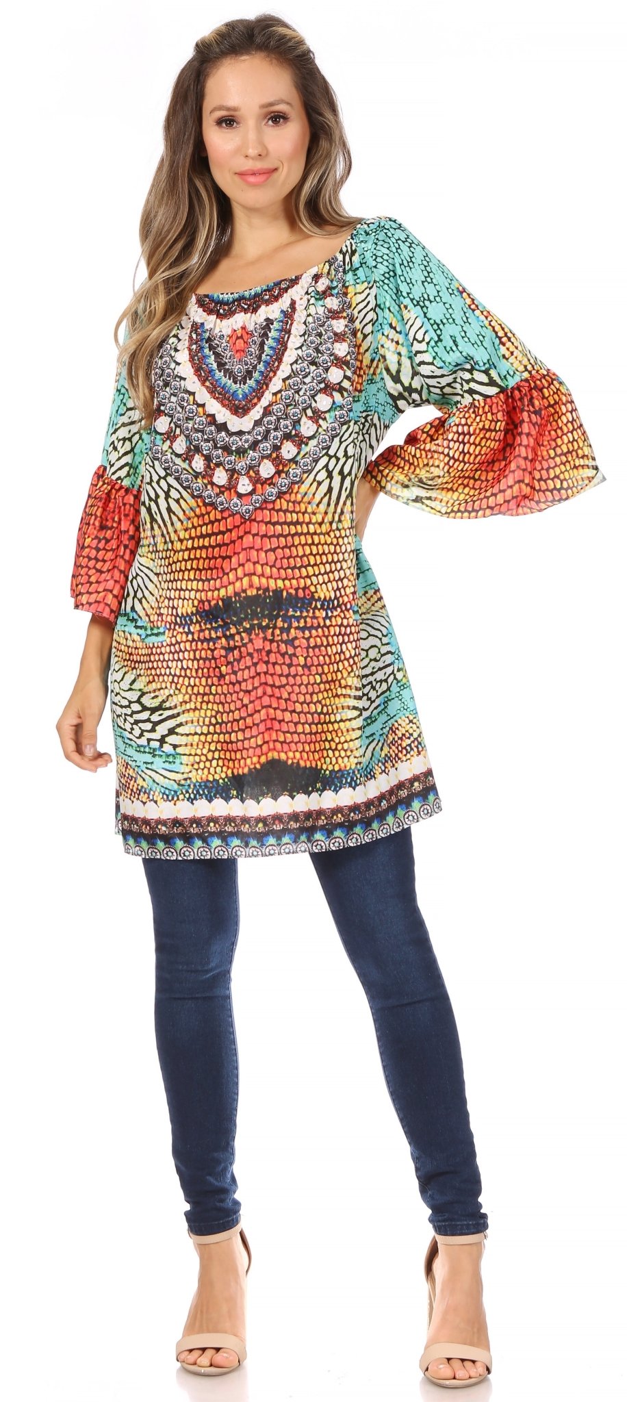 Sakkas Inna Colorful Shift Dress Tunic with Bell Ruffled Sleeves & Rhinestones dresses La Vie Bien Sakkas Inna Colorful Shift Dress Tunic with Bell Ruffled Sleeves & Rhinestones