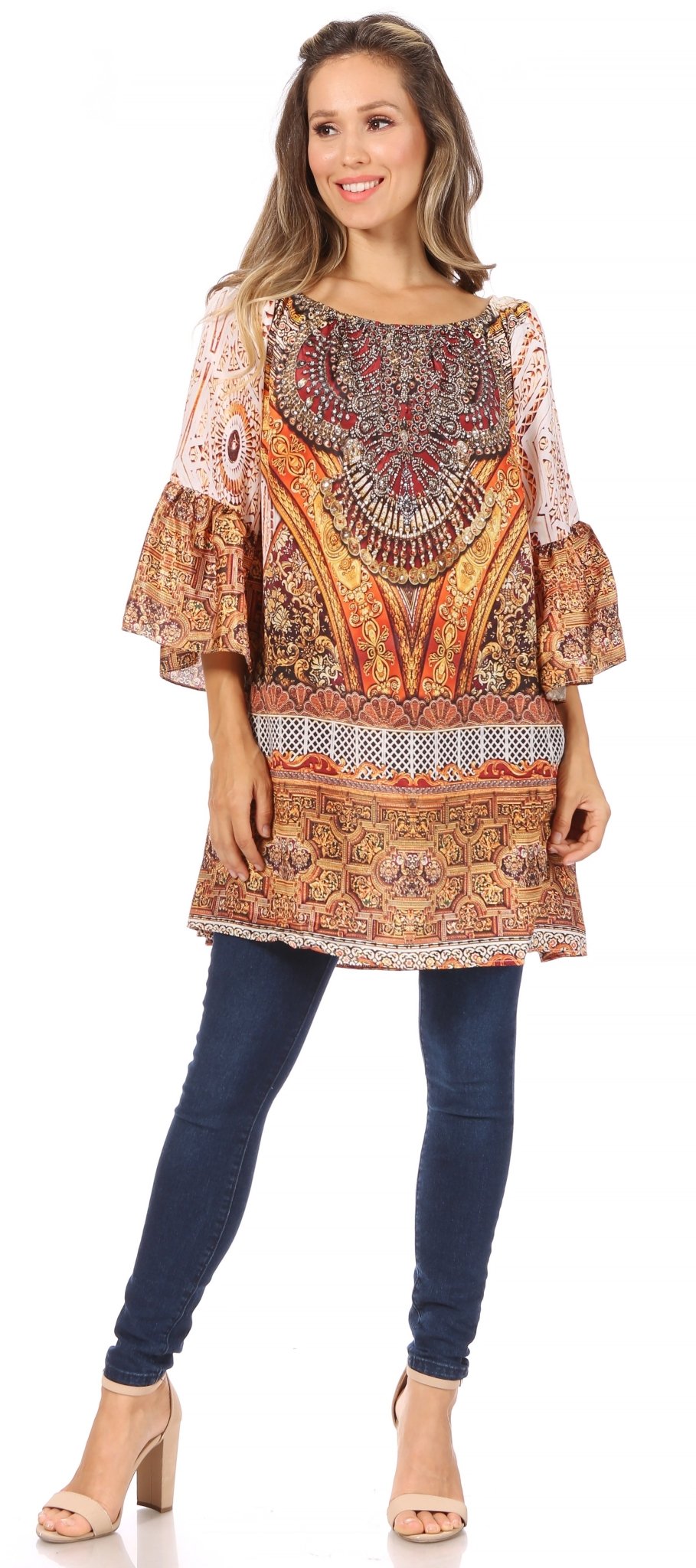 Sakkas Inna Colorful Shift Dress Tunic with Bell Ruffled Sleeves & Rhinestones dresses La Vie Bien Sakkas Inna Colorful Shift Dress Tunic with Bell Ruffled Sleeves & Rhinestones