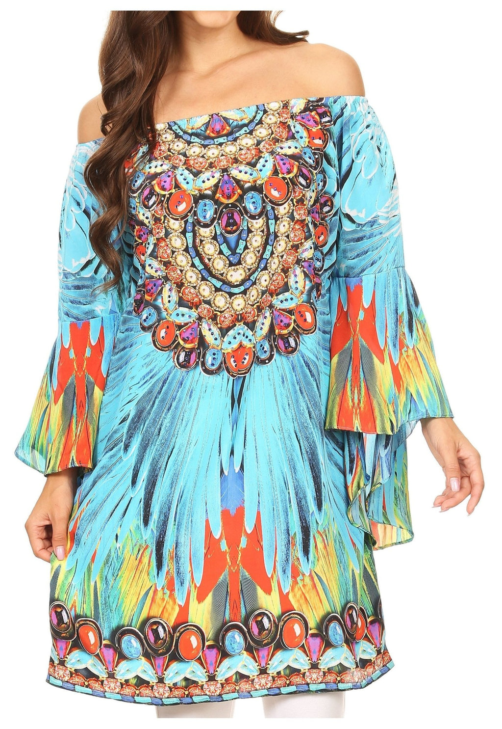 Sakkas Inna Colorful Shift Dress Tunic with Bell Ruffled Sleeves & Rhinestones dresses La Vie Bien Sakkas Inna Colorful Shift Dress Tunic with Bell Ruffled Sleeves & Rhinestones