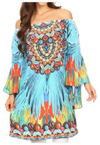 Sakkas Inna Colorful Shift Dress Tunic with Bell Ruffled Sleeves & Rhinestones dresses La Vie Bien Sakkas Inna Colorful Shift Dress Tunic with Bell Ruffled Sleeves & Rhinestones