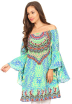 Sakkas Inna Colorful Shift Dress Tunic with Bell Ruffled Sleeves & Rhinestones dresses La Vie Bien Sakkas Inna Colorful Shift Dress Tunic with Bell Ruffled Sleeves & Rhinestones