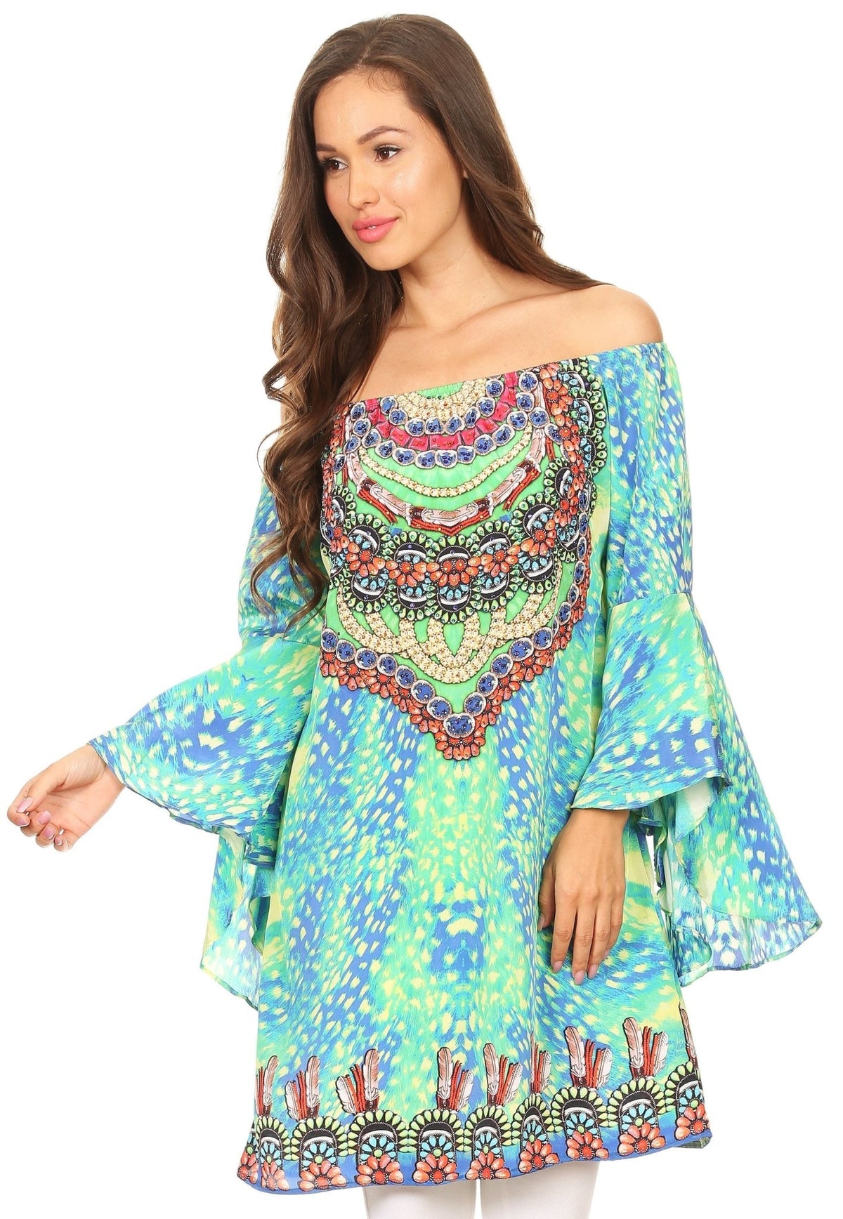 Sakkas Inna Colorful Shift Dress Tunic with Bell Ruffled Sleeves & Rhinestones dresses La Vie Bien Sakkas Inna Colorful Shift Dress Tunic with Bell Ruffled Sleeves & Rhinestones