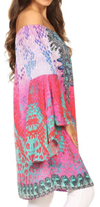 Sakkas Inna Colorful Shift Dress Tunic with Bell Ruffled Sleeves & Rhinestones dresses La Vie Bien Sakkas Inna Colorful Shift Dress Tunic with Bell Ruffled Sleeves & Rhinestones