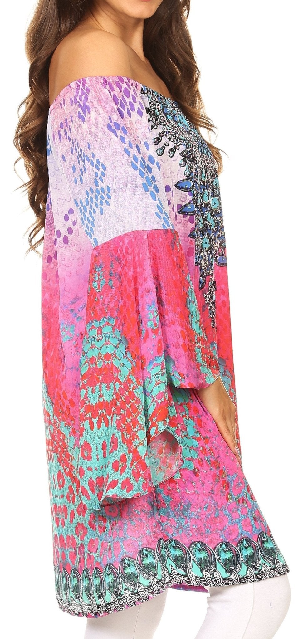 Sakkas Inna Colorful Shift Dress Tunic with Bell Ruffled Sleeves & Rhinestones dresses La Vie Bien Sakkas Inna Colorful Shift Dress Tunic with Bell Ruffled Sleeves & Rhinestones