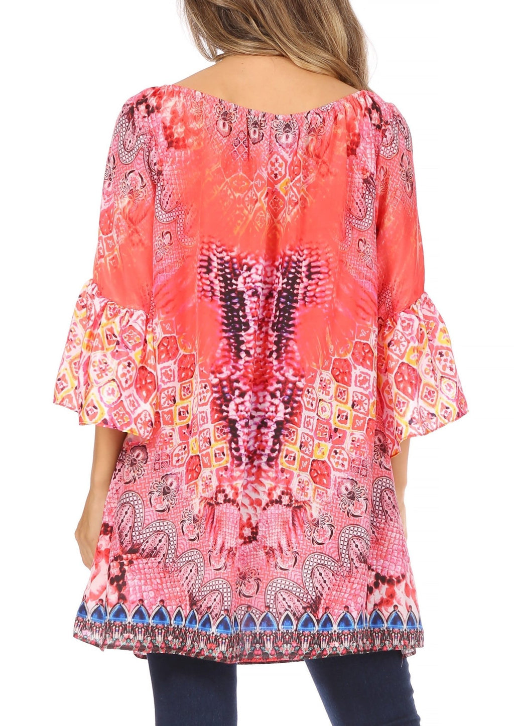 Sakkas Inna Colorful Shift Dress Tunic with Bell Ruffled Sleeves & Rhinestones dresses La Vie Bien Sakkas Inna Colorful Shift Dress Tunic with Bell Ruffled Sleeves & Rhinestones