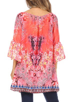 Sakkas Inna Colorful Shift Dress Tunic with Bell Ruffled Sleeves & Rhinestones dresses La Vie Bien Sakkas Inna Colorful Shift Dress Tunic with Bell Ruffled Sleeves & Rhinestones